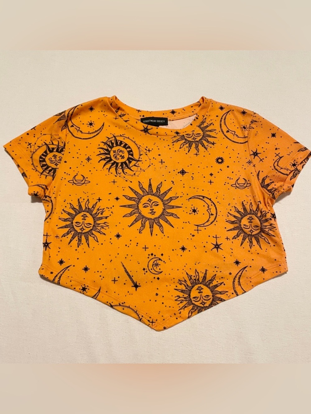 Streetwear Society Celestial Ribbed V-Hem Crop Top Orange Sun Moon Star XL